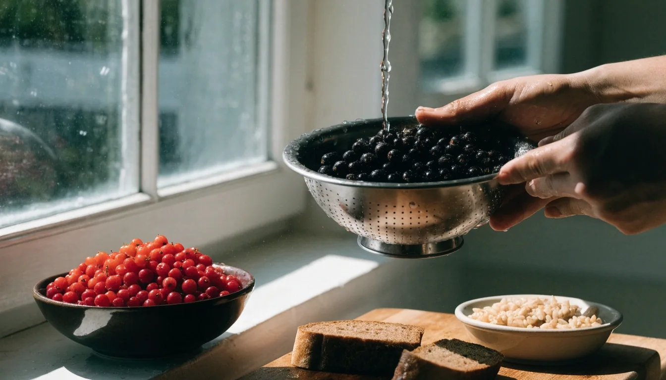 Everyday Estonian table at midday with berries, rye bread and barley in plain bowls