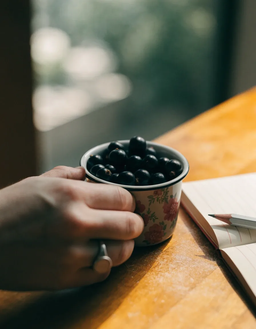 A hand holding an open printed annual turned away from the camera beside a ruled notebook on a bare oak table with a pencil and a cup of blackcurrants