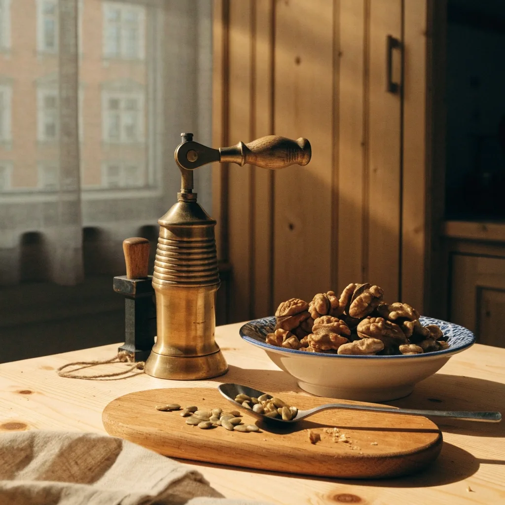 Cracked walnuts beside a small brass mill and a spoon of sunflower seeds on an oak board