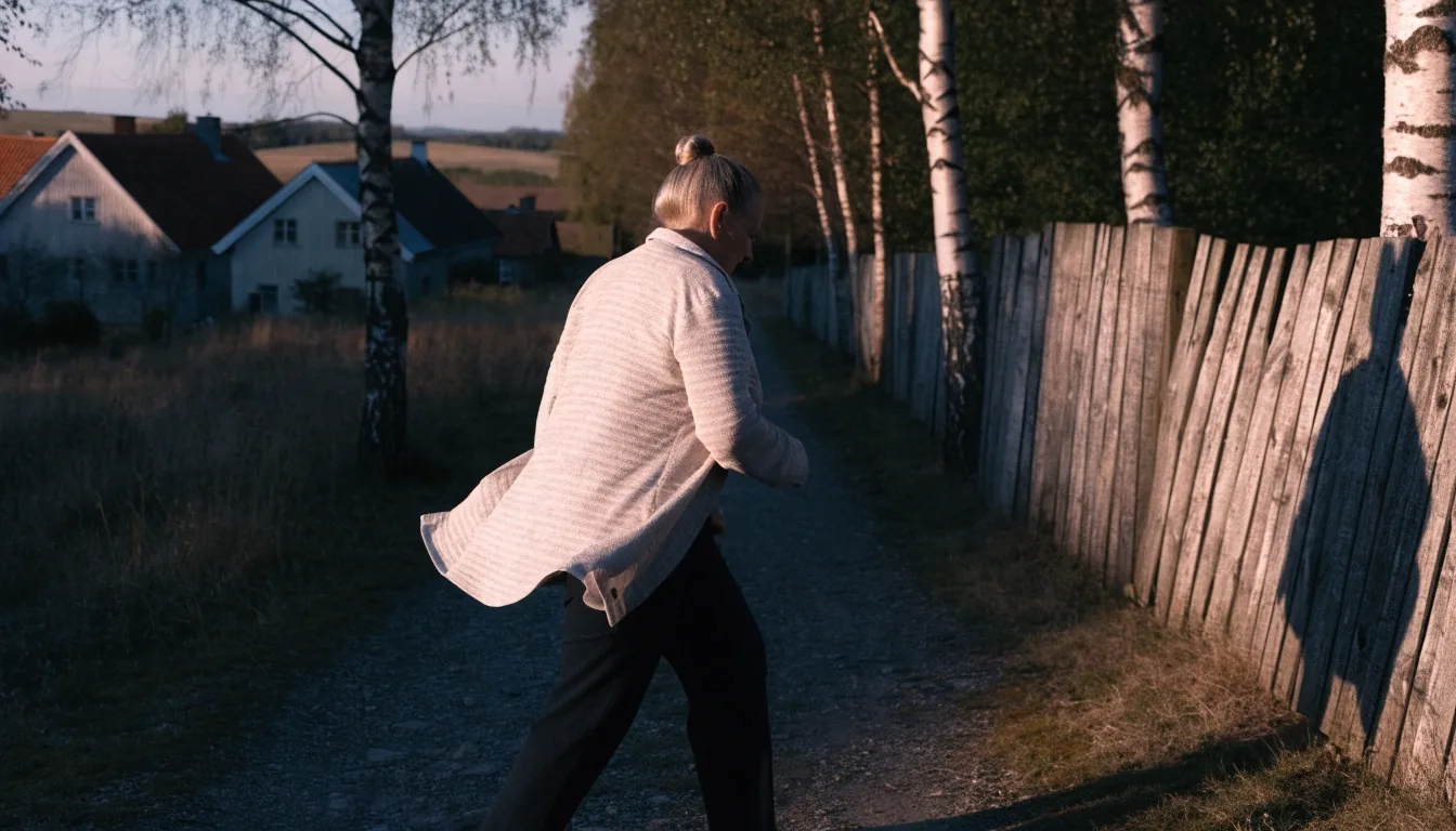 A woman walking a gravel path at the edge of a small town in low warm morning light