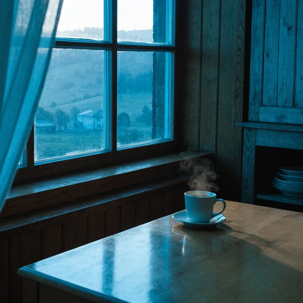 Cool blue dawn light through a kitchen window with a steaming mug on an oak table